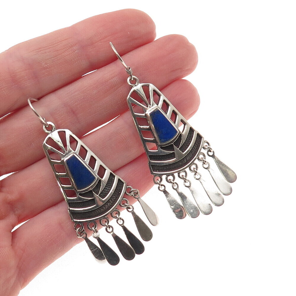 925 Sterling Silver Vintage Real Lapis Modernist Oxidized Dangle Earrings